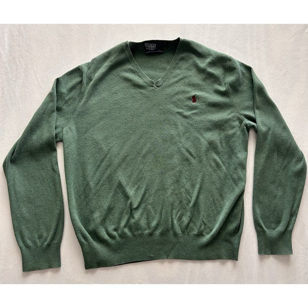 VNTG Polo Ralph Lauren Lightweight V-Neck Sweater Men's Large Green Pima Cotton